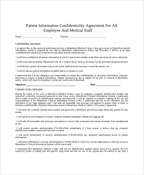 sample patient information confidentiality agreement