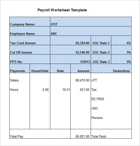sample payroll worksheet template free download
