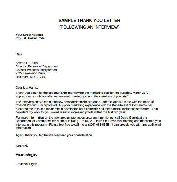 sample thank you letter for following an marketing