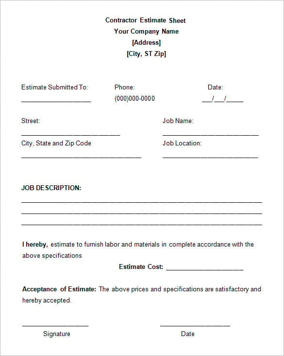 sample work estimate template for contractor