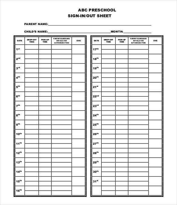 simple preschool sign in out sheet