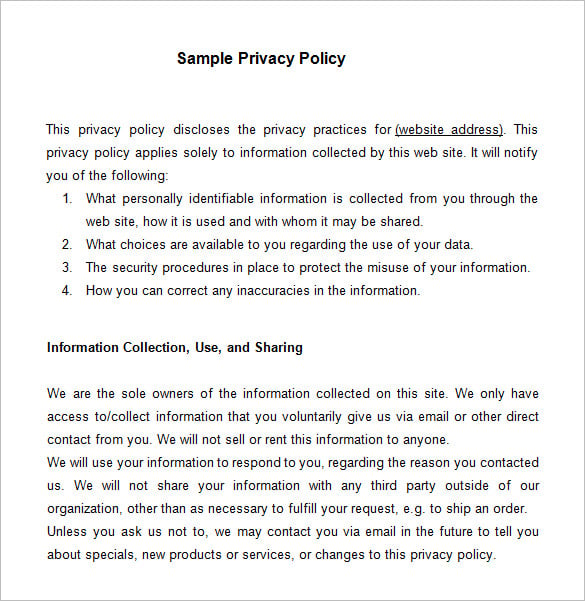 privacy policy page for website