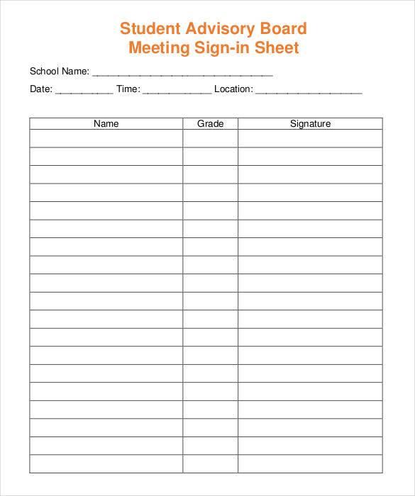 student advisory board meeting sign in sheet