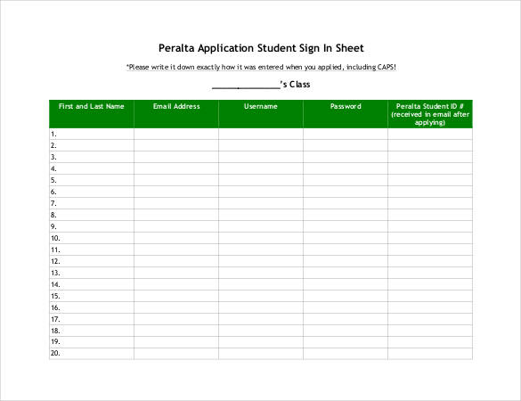 student application sign in sheet form