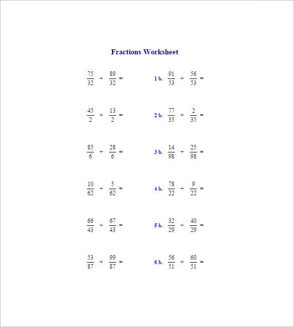 subtracting fractions same denominator worksheets