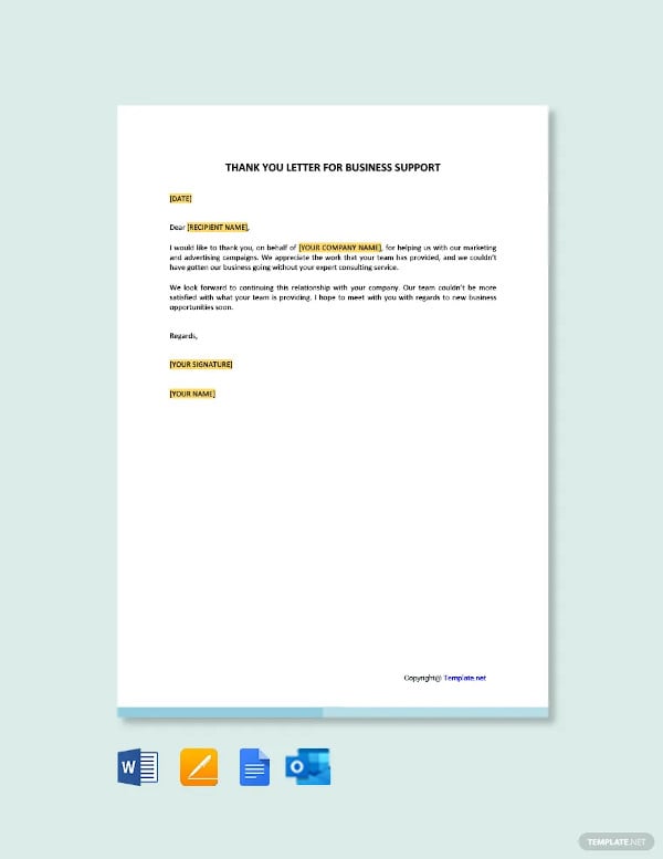 thank you letter for business support template