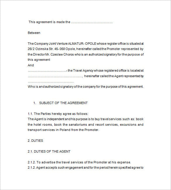 travel agent contract template free download in word