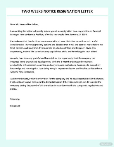 36+ Two Weeks Notice Letter Templates - PDF, Google Docs, MS Word ...