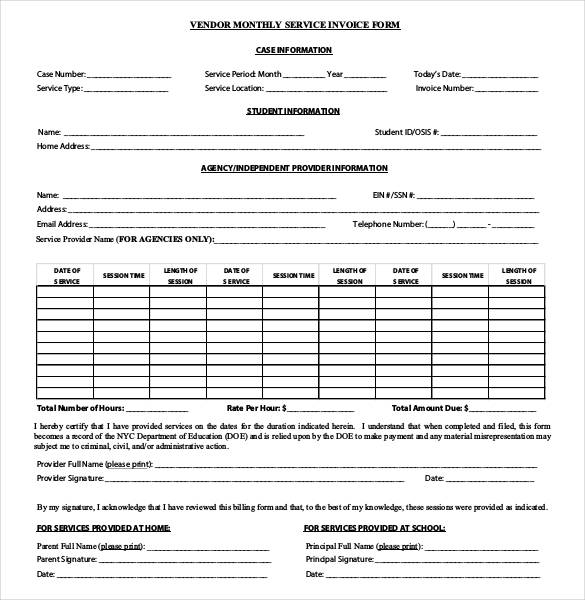 vendor monthly service invoice form