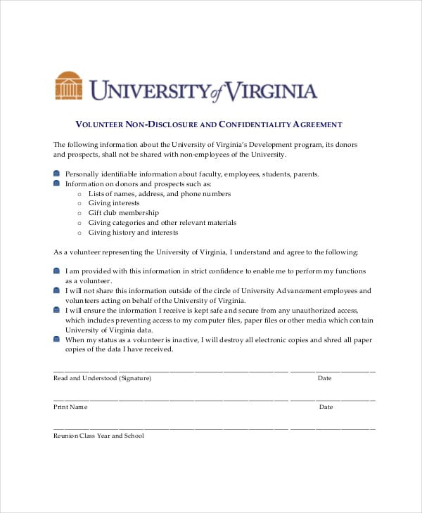 volunteer non disclosure and confidentiality agreement