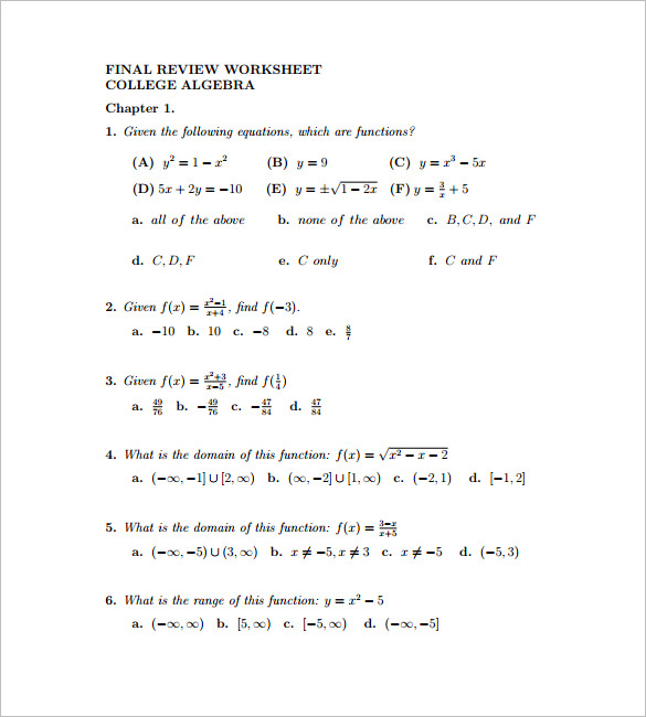 8 College Algebra Worksheet Templates DOC PDF