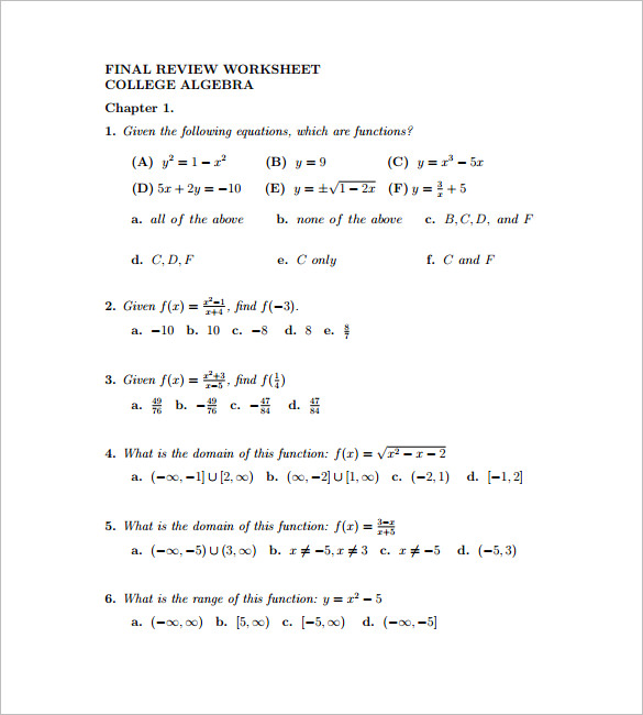 8+ College Algebra Worksheet Templates - DOC, PDF