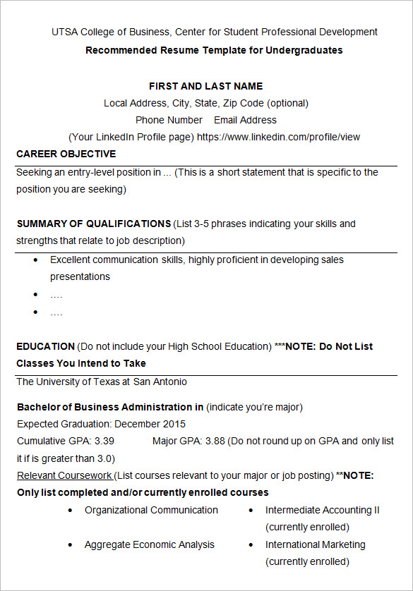 college student resume templates sample