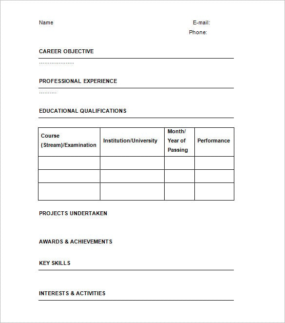 curriculum vitae format for freshers
