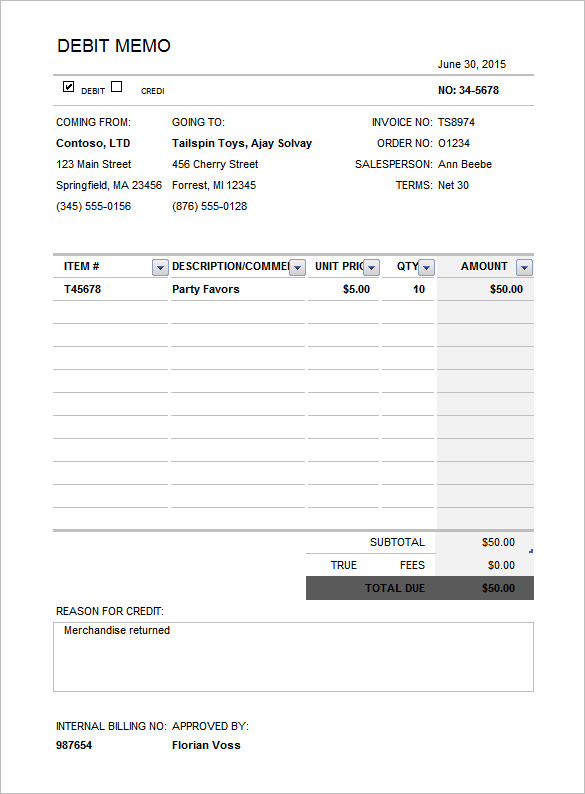 debit memo format invoice template