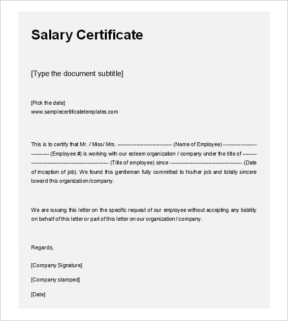 sample salary certificate template printable format