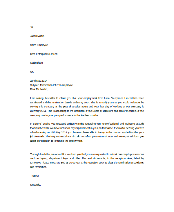 13 Termination Letter Template Free Sample Example