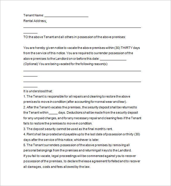 What do you say in a 30-day notice letter to a tenant?