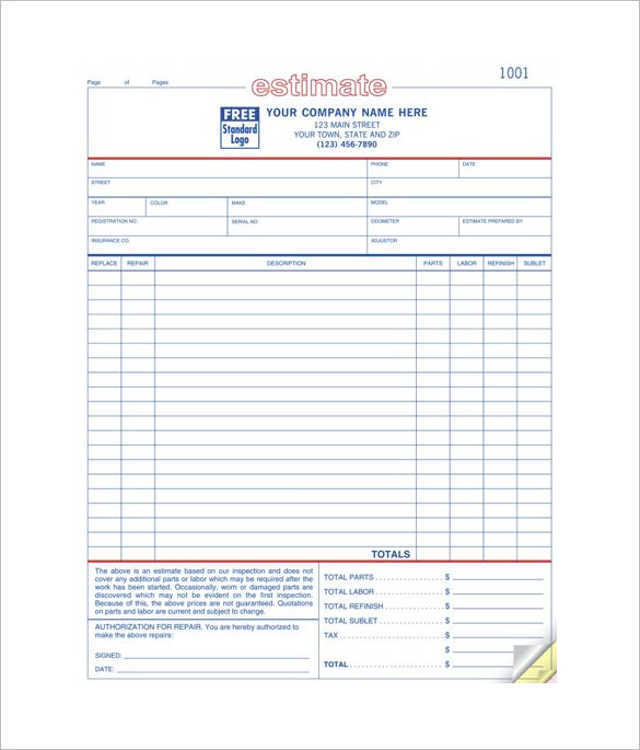 automotive repair estimate template download