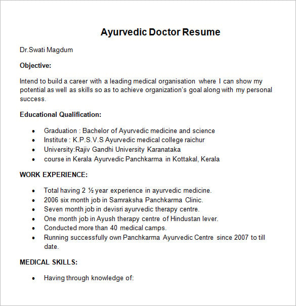 format of resume for doctors