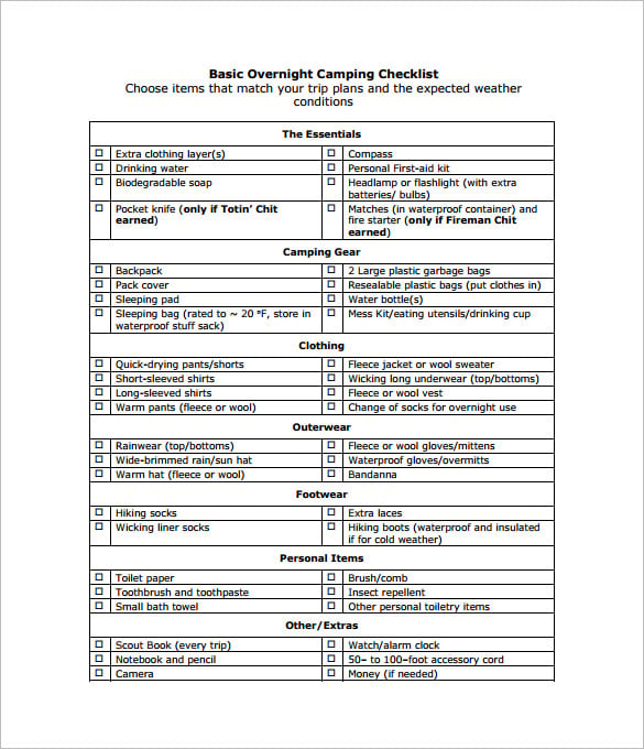 basic overnight camping checklist pdf download