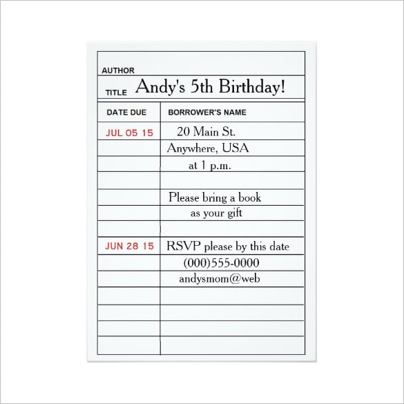 birthday party invitation library card template