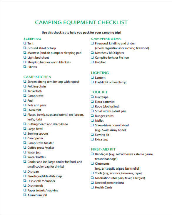 camping equipment checklist template pdf download