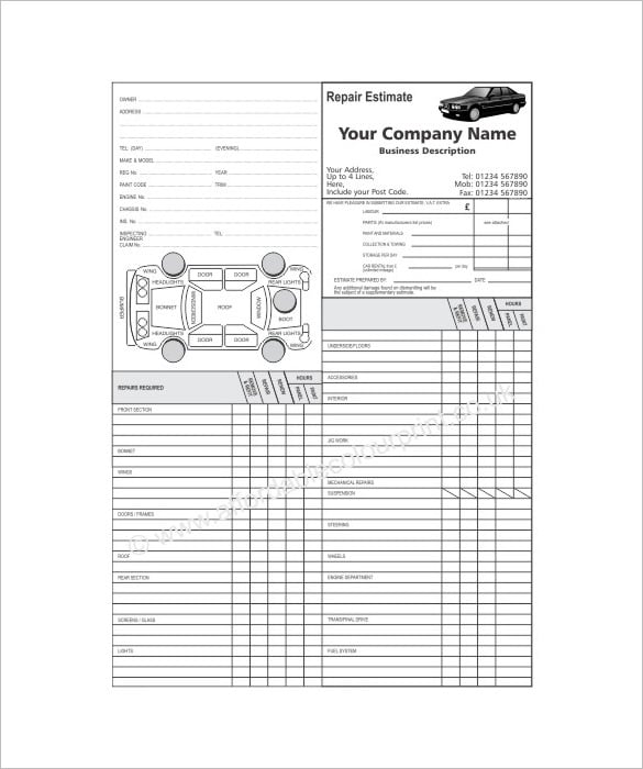 car repair estimate form template