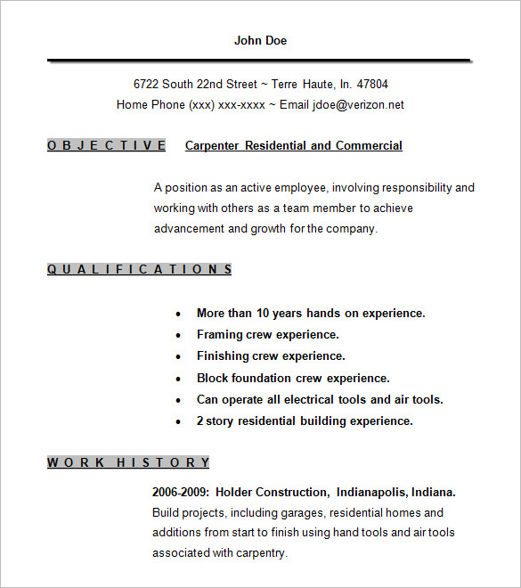 Resume sample carpentry