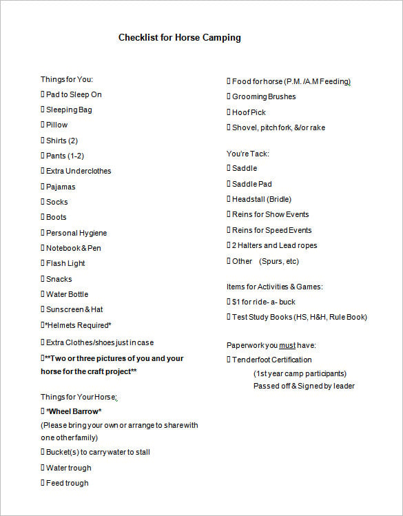 checklist for horse camping free word download