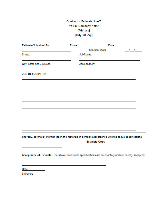 contractor blank estimate sheet template free download