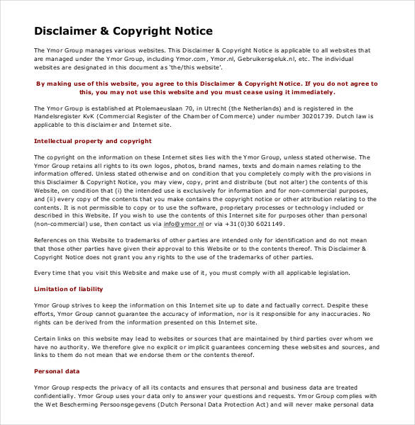 copyright disclaimer notice sample