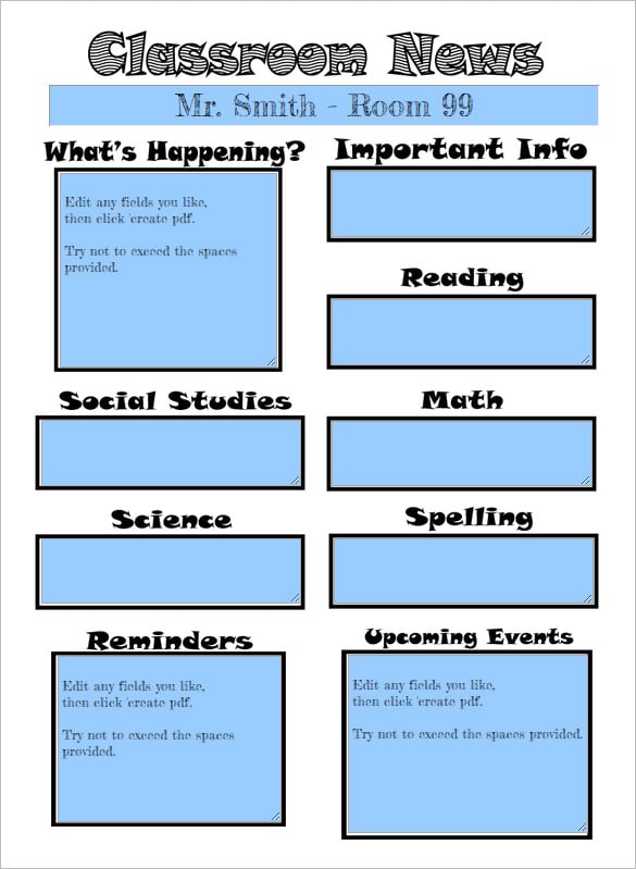 create classroom newsletter template free pdf format