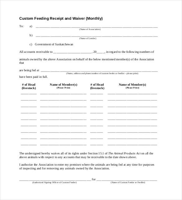 custom feeding receipt and waiver