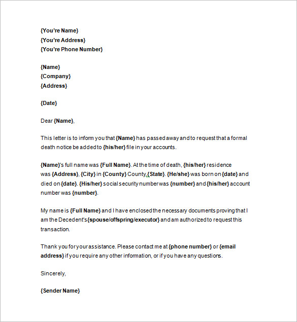 template death informing letter Word, Templates  Download Free Notice  104 Format PDF