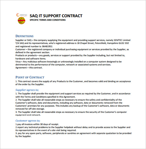 11 IT Support Contract Templates In MS Word Google Docs PDF Apple Pages