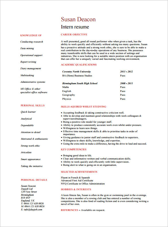 Example Student Internship Resume Template PDF