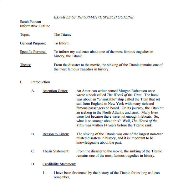 Example of Sample Informative Speech OutlineTemplate in PDF Format