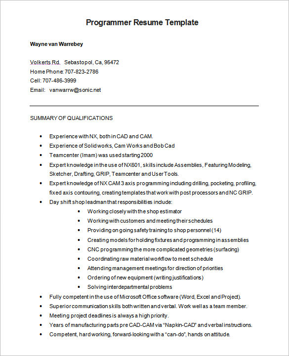 free cnc programmer resume word format