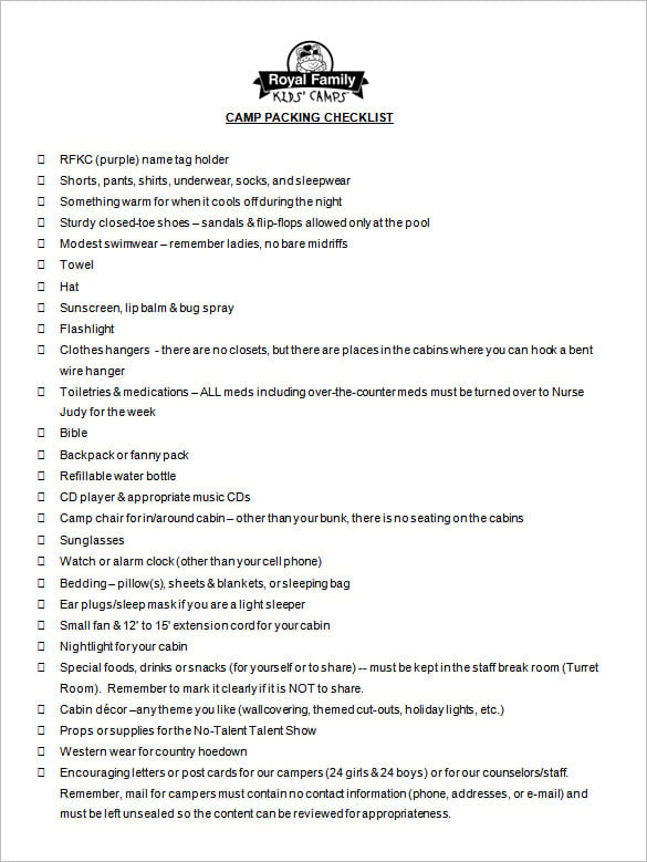 free camping packing checklist template download