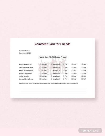 free friends comment card template