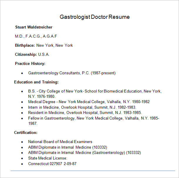 gastrologist doctor resume template