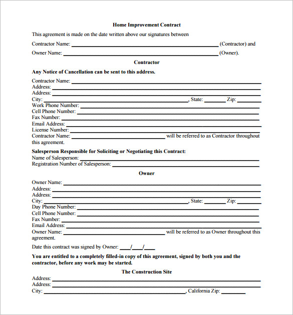 home improvement contract template sample free