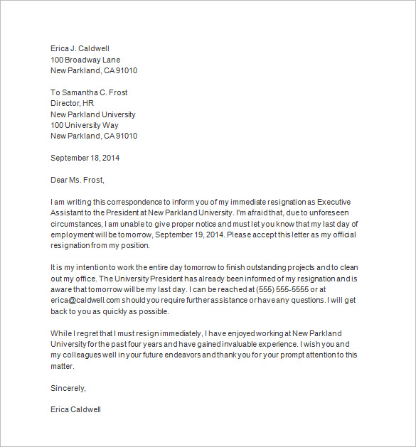 immediate resignation letter sample template