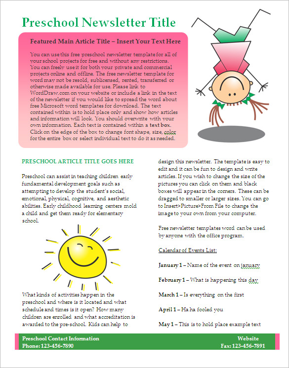 kids preschool newsletter template word format