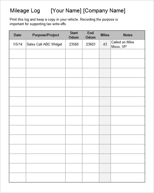 Mileage Record Template HQ Printable Documents