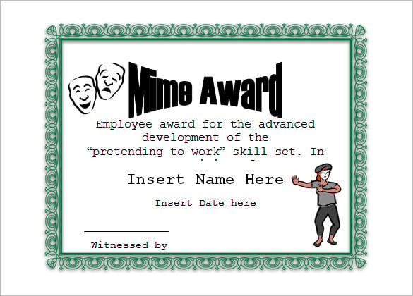 mime award funny certificate template printable