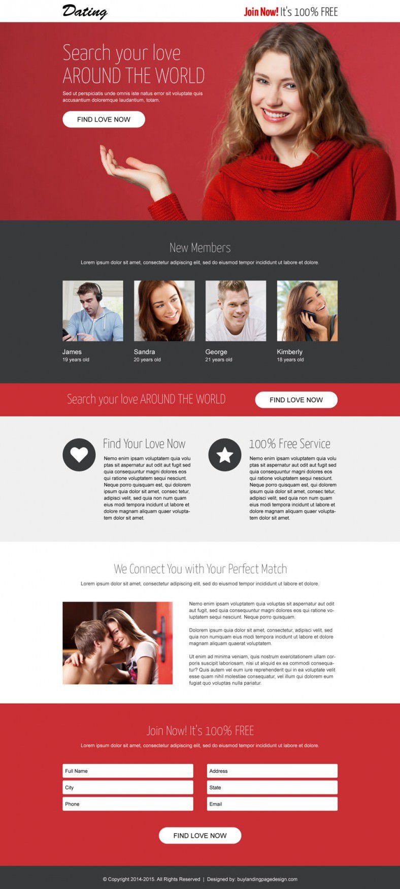 multi colour landing page template for dating 788x1750