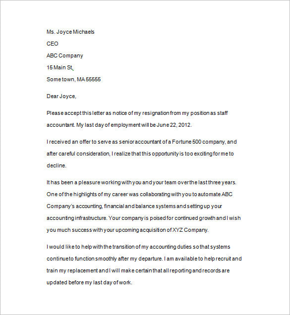 notice of resignation letter template