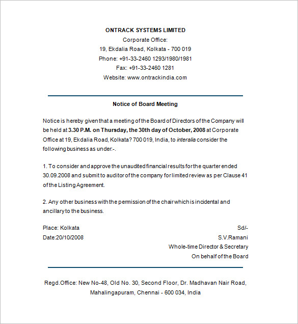 notice of board meeting template